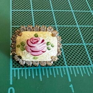 Vtg Goldtone Guilloche Enamel Pink Rose Flower Pin Brooch Art Deco Rhinestones